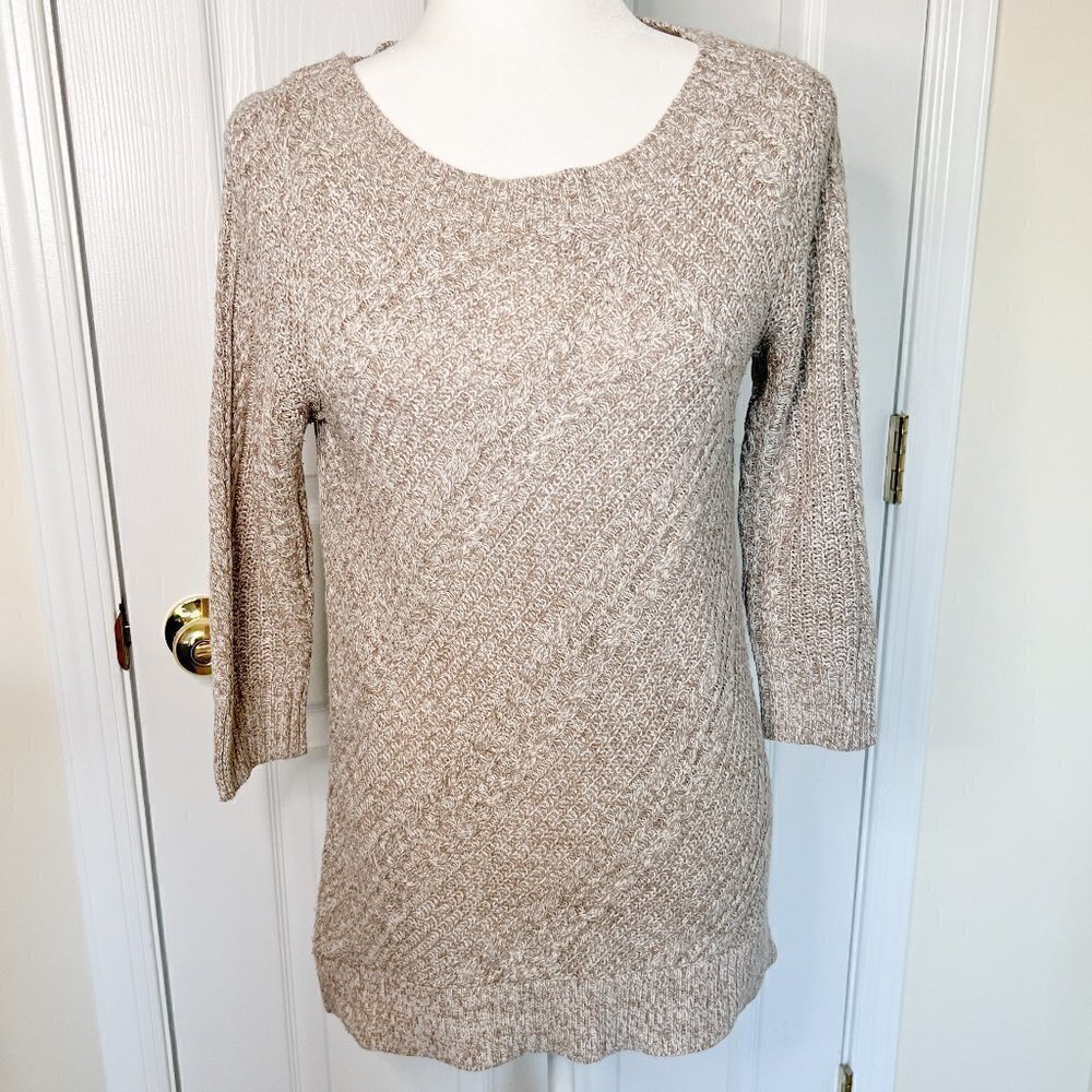 Women's New York & Company Sweater | Tan | 3/4 Sleeve | Scoop Neck | Size Small